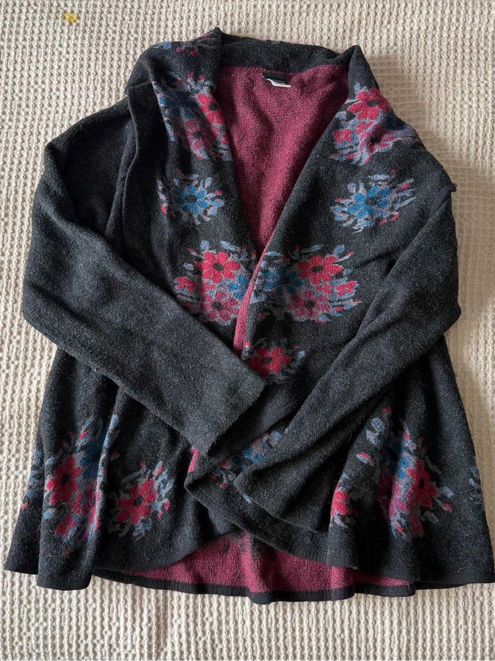 Coco + Carmen Black Sweater Cardigan with Pink and Blue Floral Pattern